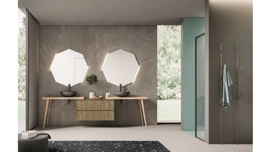 Mobile da Bagno a terra in rovere nodato naturale e laccato metal ottone con lavelli in ceramica Calix XL 10 di Novello