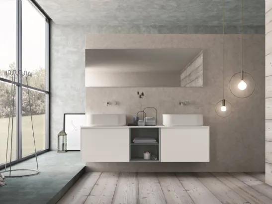 Mobile da Bagno sospeso in HPL bianco e laccato azzurro con top bianco opaco con doppio lavabo Calix XL 11 di Novello