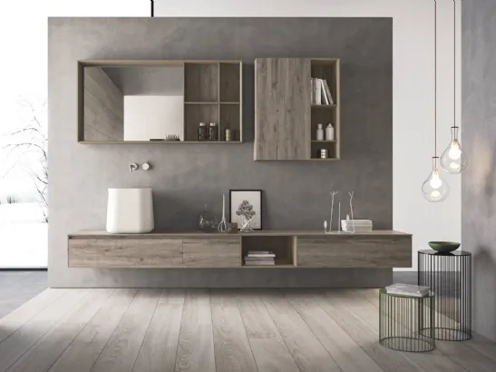 Mobile da Bagno in HPL rovere barrique e laccato canapa opaco con lavabo in teknorit bianco opaco Calix XL 14 di Novello