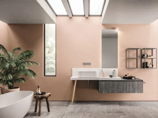 Mobile da Bagno in laccato metal acciaio, top in teknorit laccato bianco e gamba in rovere nodato naturale Calix XL 16 di Novello