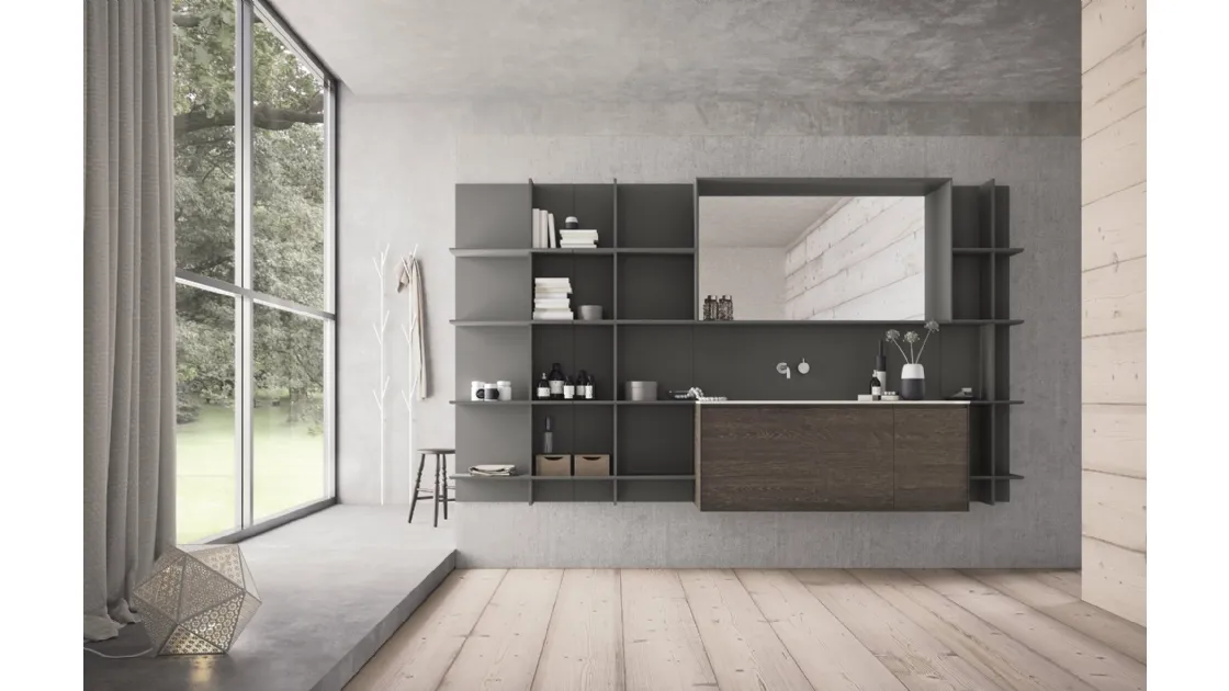 Mobile da Bagno sospeso in HPL rovere bruciato e laccato grigio scuro opaco Calix XL 18 di Novello