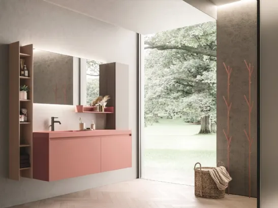 Mobile da Bagno sospeso in laccato rosa corallo opaco con top in teknorit dello stesso colore Calix XL 20 di Novello