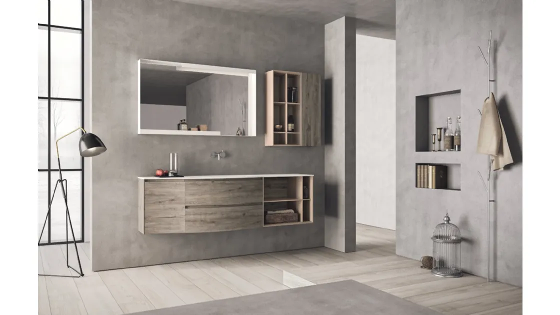 Mobile da Bagno sospeso con frontali curvi in HPL rovere barrique e laccato corda opaco Calix XL 06 di Novello