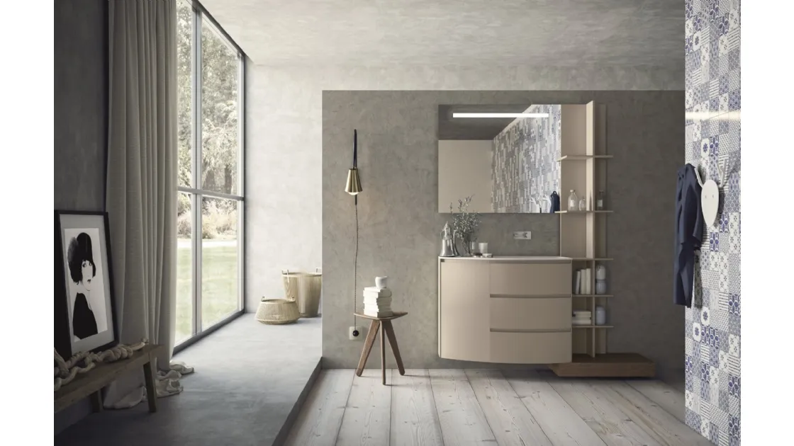 Mobile da Bagno sospeso con frontali curvi in laccato sabbia opaco Calix XL 04 di Novello