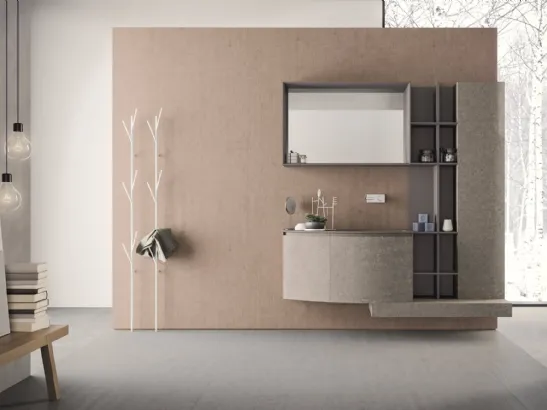 Mobile da Bagno sospeso con frontali curvi in HPL unicolor portland e lavabo integrato in teknorit tortora opaco Calix XL 01 di Novello