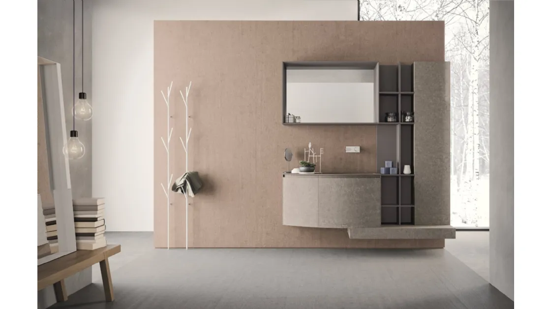 Mobile da Bagno sospeso con frontali curvi in HPL unicolor portland e lavabo integrato in teknorit tortora opaco Calix XL 01 di Novello