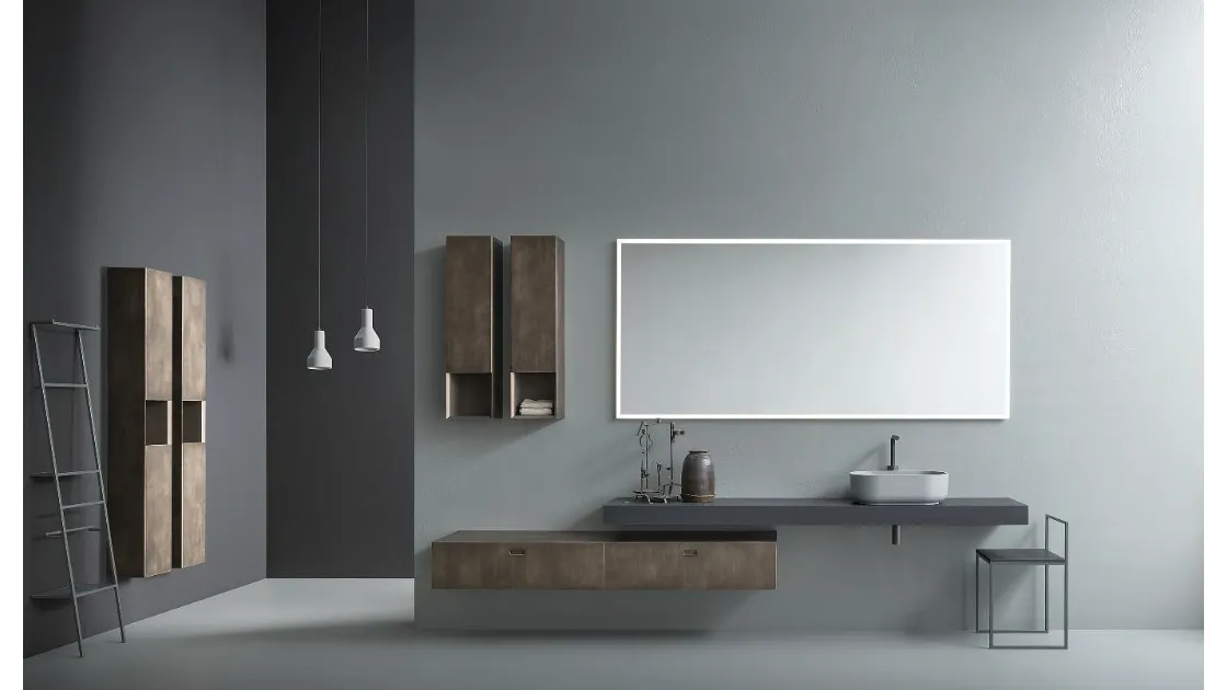 Mobile da Bagno in metallo finitura Titanio e top in rovere grigio grafite Craft 01 di Novello