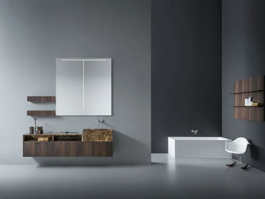 Mobile da Bagno sospeso in rovere termocotto con lavabo e top in marmo EmperadorCraft 04 di Novello