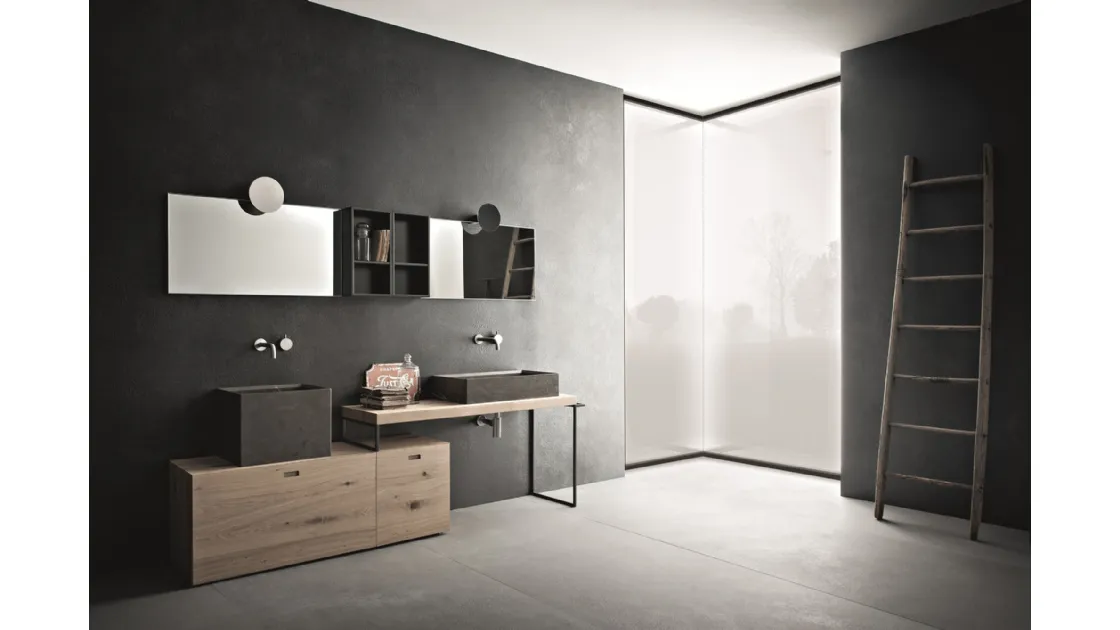 Mobile da Bagno a terra in legno di rovere naturale e lavabi in pietra grey Craft 09 di Novello