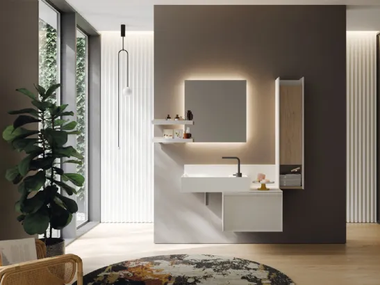 Mobile da Bagno sospeso in laccato opaco con pensile in rovere e lavabo in teknorit bianco opaco D Art 05 di Novello