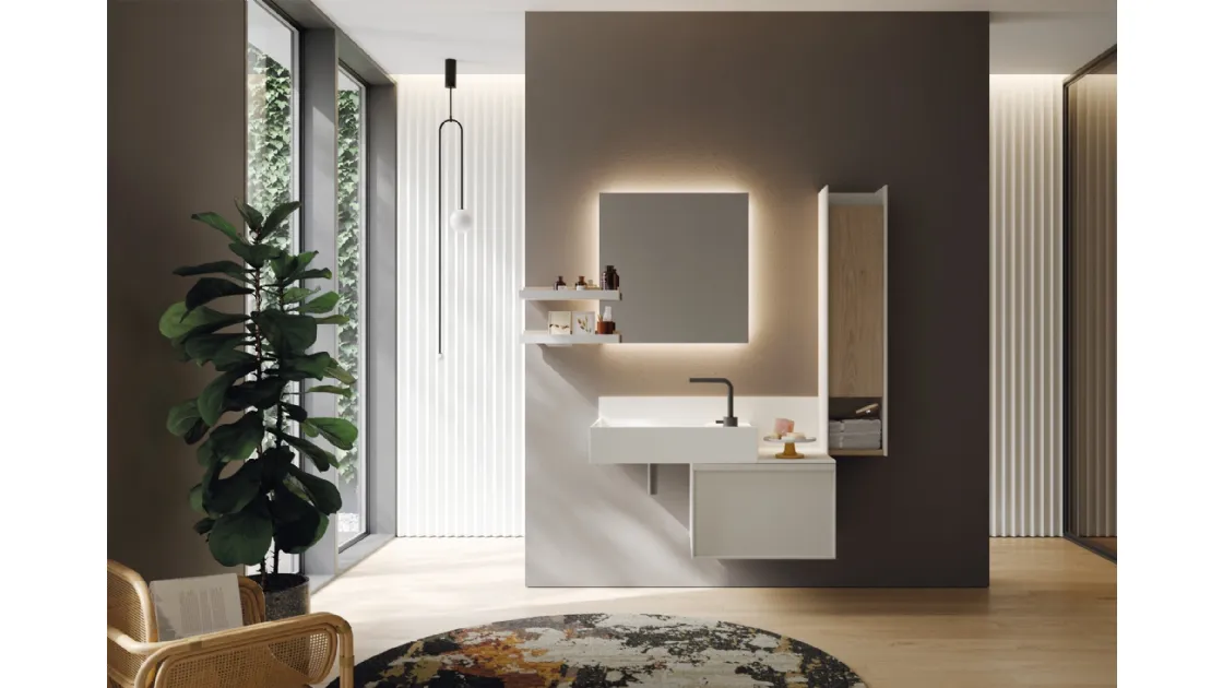 Mobile da Bagno sospeso in laccato opaco con pensile in rovere e lavabo in teknorit bianco opaco D Art 05 di Novello