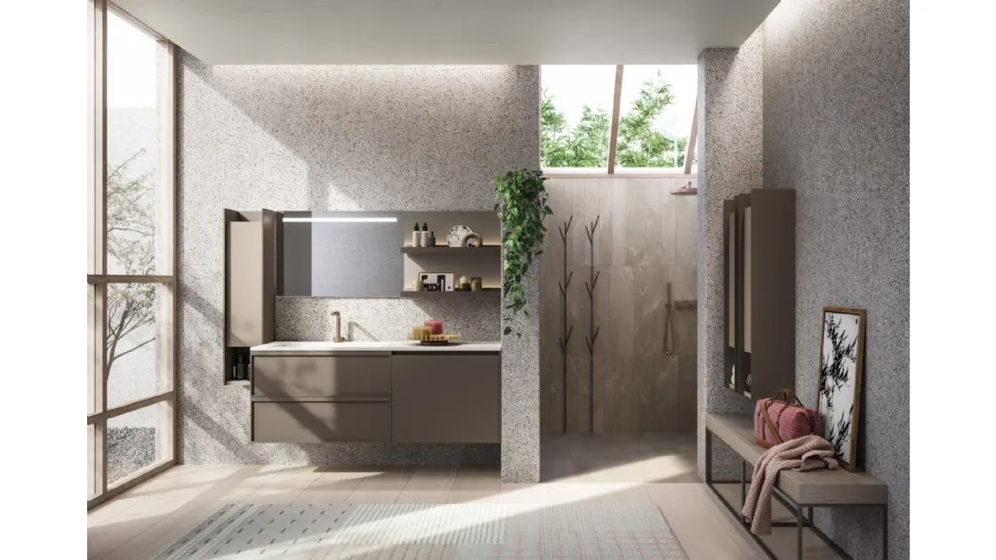 Mobile da Bagno in laccato opaco con panca in rovere D Art 11 di Novello