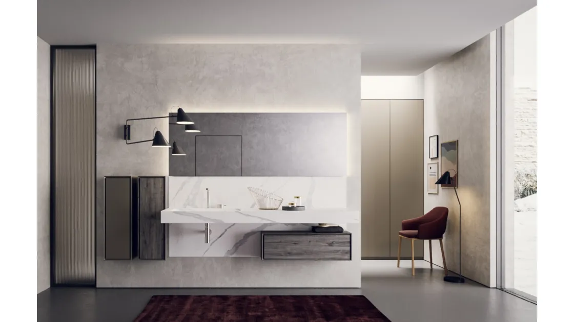 Mobile da Bagno sospeso in HPL rovere barrique con piano lavabo integrato e alzatina in laminam statuario Libera+ 07 di Novello