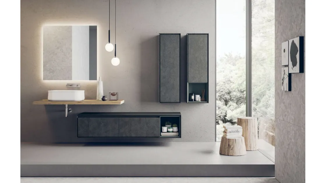 Mobile da Bagno sospeso in cemento grigio scuro e top in rovere massello Libera+12 di Novello