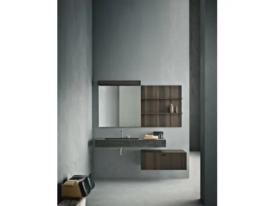 Mobile da Bagno sospeso in rovere termocotto con lavabo in laminam pietra di Savoia grigio antracite Craft 12 di Novello