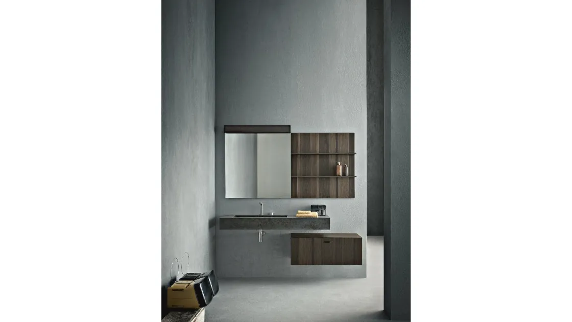 Mobile da Bagno sospeso in rovere termocotto con lavabo in laminam pietra di Savoia grigio antracite Craft 12 di Novello