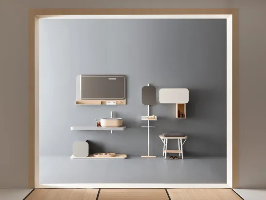 Mobile da Bagno con panca in legno di castagno sabbiato e piano in Teknorit grigio chiaro con lavabo e vassoio in Teknorit Cappuccino Oblon Jaku di Novello