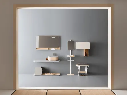 Mobile da Bagno con panca in legno di castagno sabbiato e piano in Teknorit grigio chiaro con lavabo e vassoio in Teknorit Cappuccino Oblon Jaku di Novello