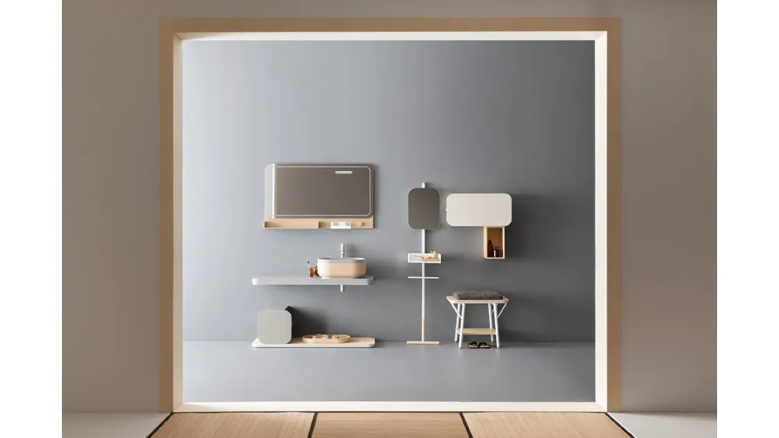 Mobile da Bagno con panca in legno di castagno sabbiato e piano in Teknorit grigio chiaro con lavabo e vassoio in Teknorit Cappuccino Oblon Jaku di Novello