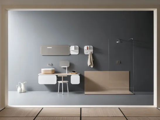 Mobile da Bagno sospeso in laccato bianco con top in castagno naturaleOblon WA di Novello