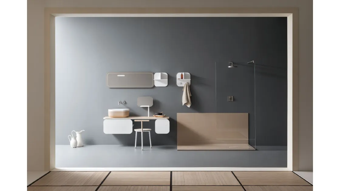 Mobile da Bagno sospeso in laccato bianco con top in castagno naturaleOblon WA di Novello