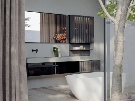 Mobile da Bagno soseso Quari New 01 in vetro e rovere fumo di Novello