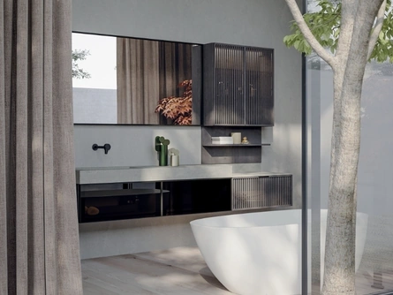 Mobile da Bagno soseso Quari New 01 in vetro e rovere fumo di Novello