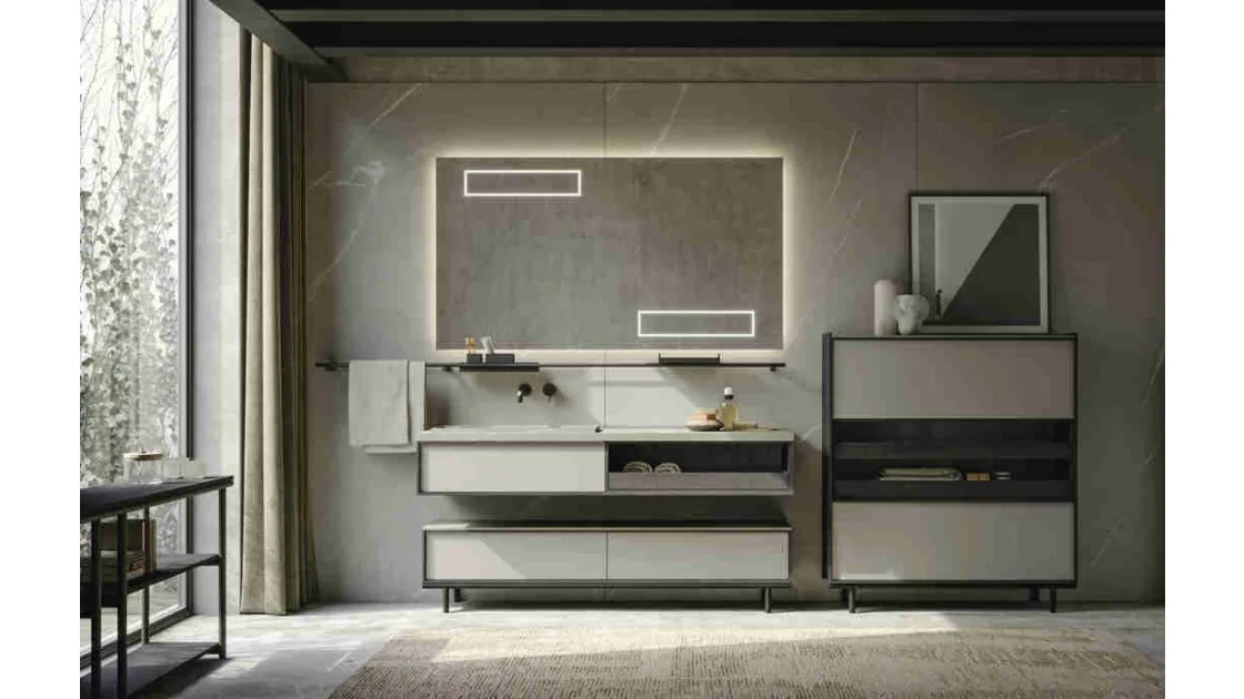 Mobile da Bagno a terra in laccato e rovere con top in gres Sartus 01 di Novello