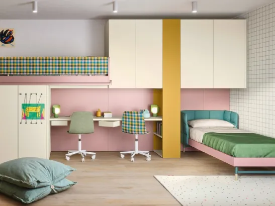 Cameretta a soppalco con scrivania Kids space 16 in melaminico di Nidi