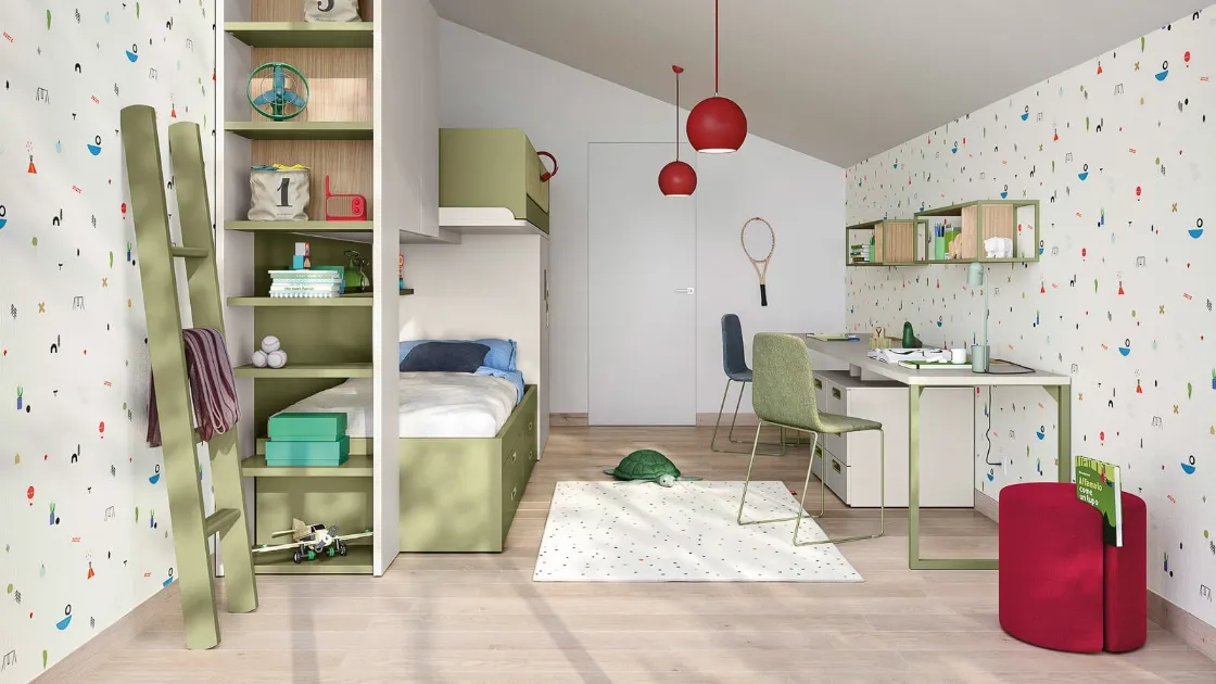 Cameretta a soppalco con scrivania Kids space 17 in melaminico di Nidi