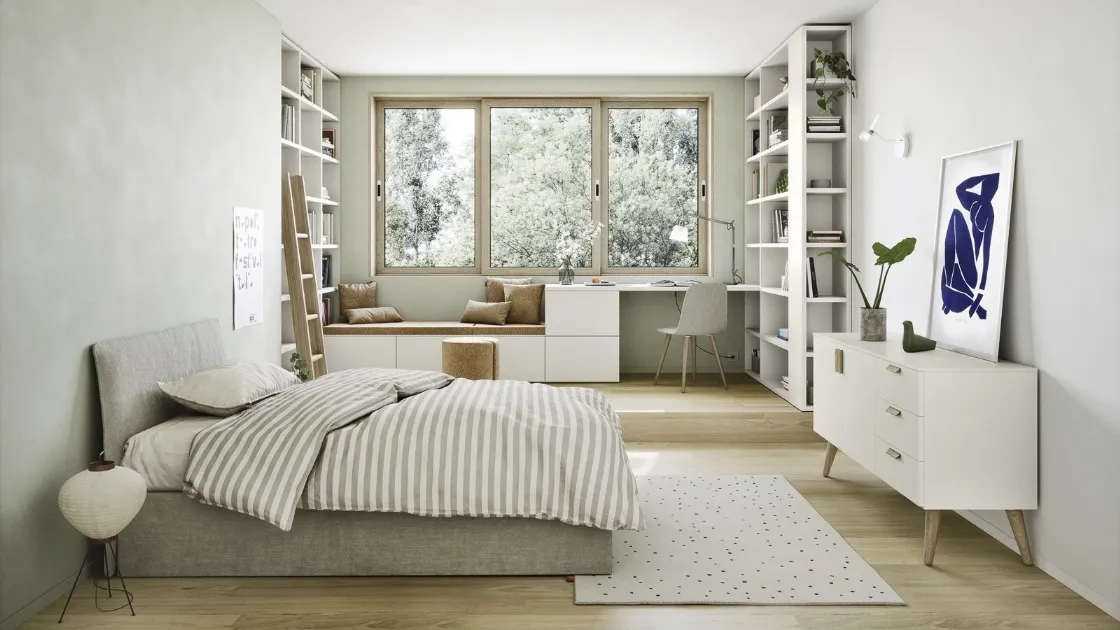 Cameretta componibile con scrivania e 2 librerie a muro Next space 01 di Nidi