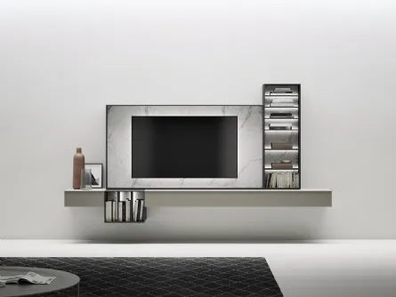 Mobile Porta Tv sospeso in laccato opaco con cornice in gres effetto marmo di Caccaro