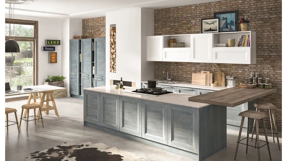 Cucina Classica con penisola Alba in Frassino finitura Denim di Essebi