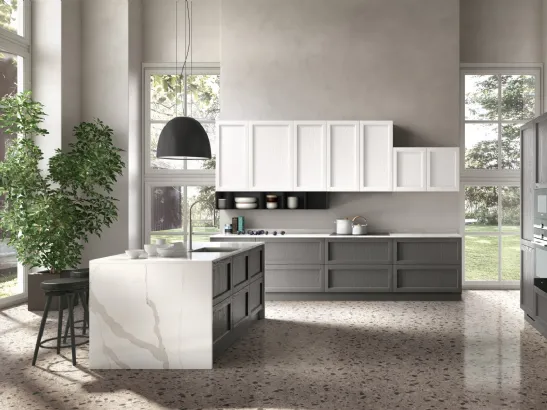 Cucina Classica con isola in legno di Frassino finitura Antracite e Bianco Primula di Essebi