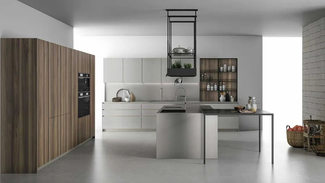Cucina Design lineare in noce e acciaio Aspen 001 di Doimo Cucine