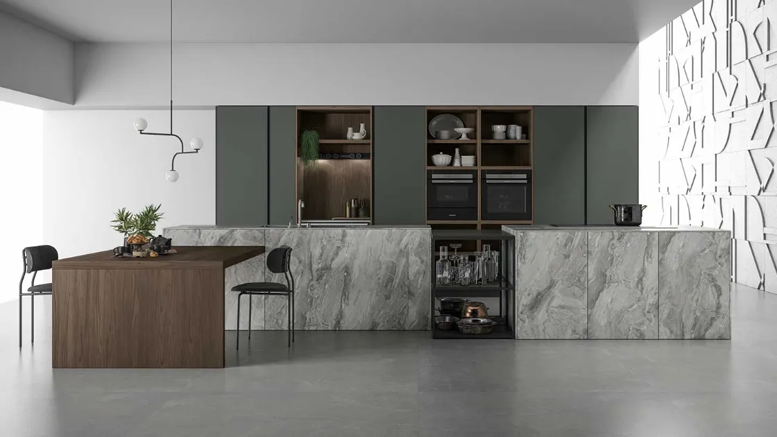 Cucina Design con doppia isola in HPL Pietra e top in vetro fumè Aspen 003 di Doimo Cucine