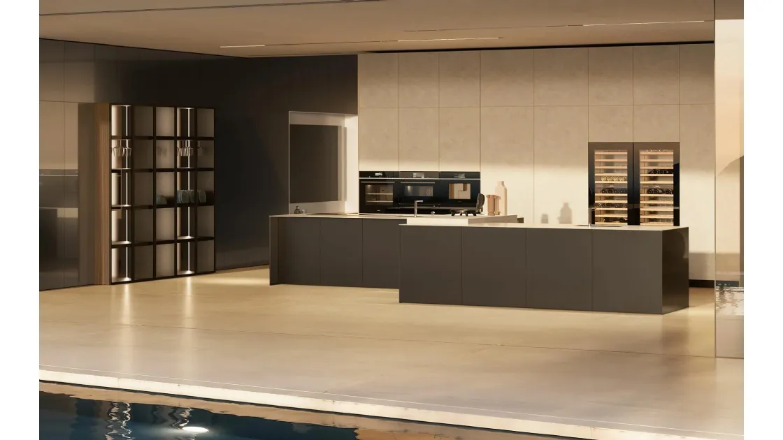 Cucina Design in fibra di carbonio con isola Aspen C4K di Doimo Cucine