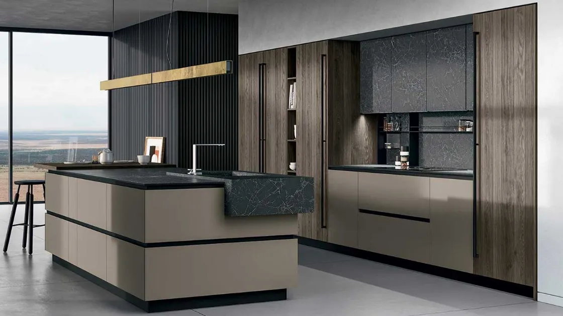 Cucina Design a isola in laccato opaco con top in gres Nero D23 003 di Doimo Cucine