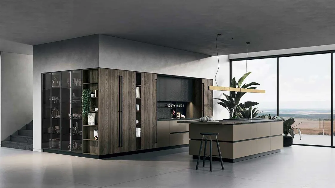 Cucina Design a isola in laccato opaco con top in gres Nero e colonne in Synchroface rovere dogato Pepe D23 003 di Doimo Cucine