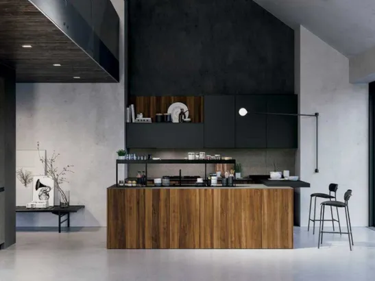Cucina Design a isola in essenza di Noce Scalfito con top in HPL graniglia Basalto D23 006 di Doimo Cucine