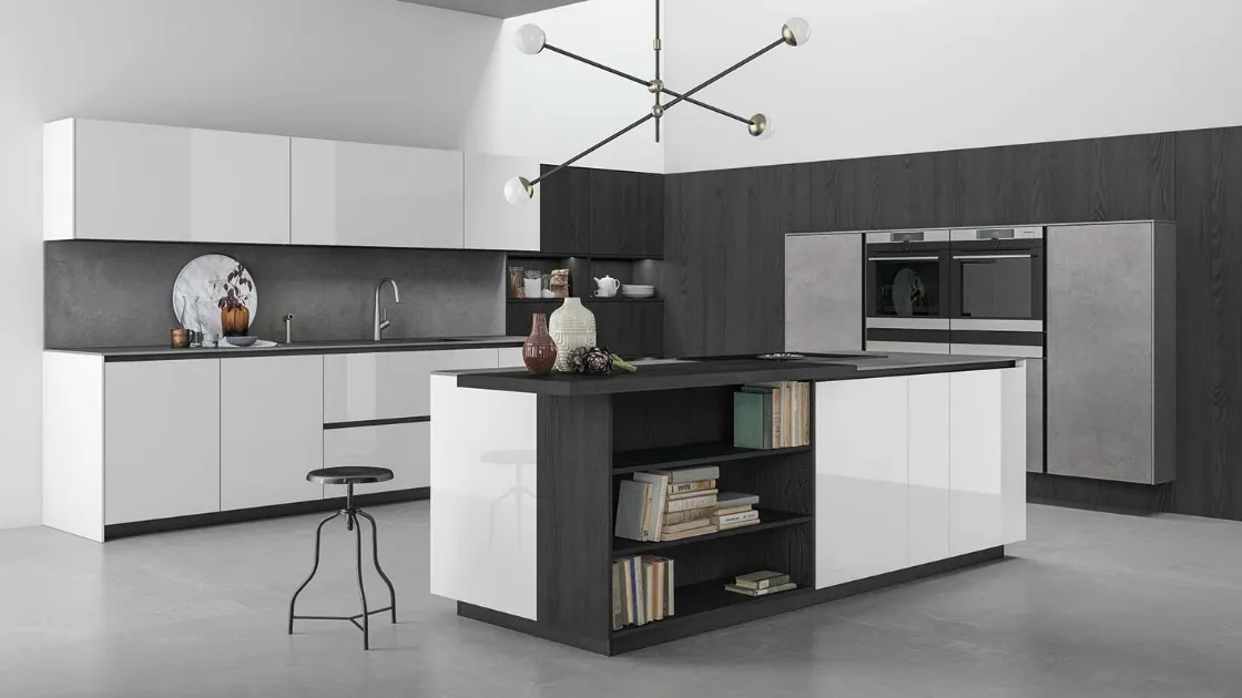 Cucina Moderna a isola con ante in vetro bianco lucido Aspen 003 di Doimo Cucine