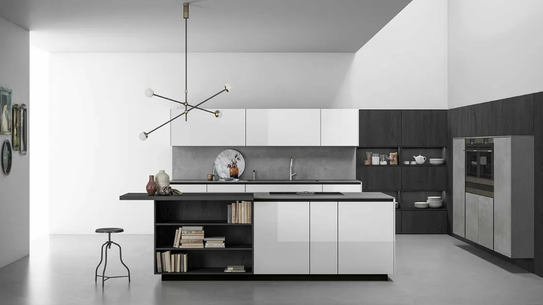 Cucina Moderna a isola con ante in vetro e top in gres Pietra di Savoia Grigia Aspen 003 di Doimo Cucine