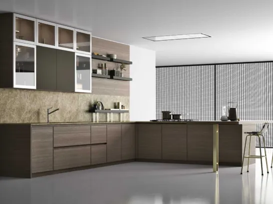 Cucina Moderna angolare in rovere con penisola con particolari in ottone D23 001 di Doimo Cucine