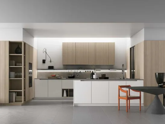 Cucina Moderna con isola a muro in laccato bianco opaco e rovere con top in Pietra Piasentina D23 004 di Doimo Cucine