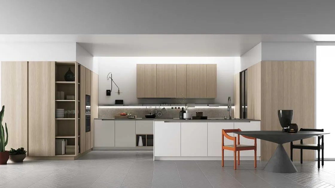 Cucina Moderna con isola a muro in laccato bianco opaco e rovere con top in Pietra Piasentina D23 004 di Doimo Cucine