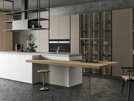 Cucina Moderna lineare in melaminico Bianco Artico e laccato opaco Camoscio con top in laminato Cemento Polvere D23 005 di Doimo Cucine