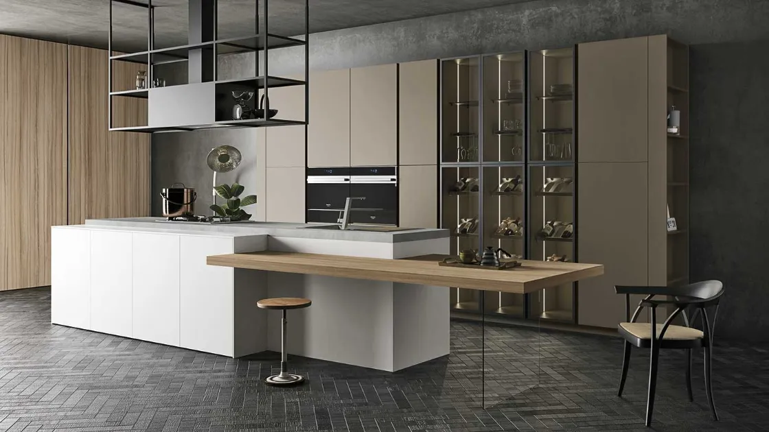 Cucina Moderna lineare in melaminico Bianco Artico e laccato opaco Camoscio con top in laminato Cemento Polvere D23 005 di Doimo Cucine