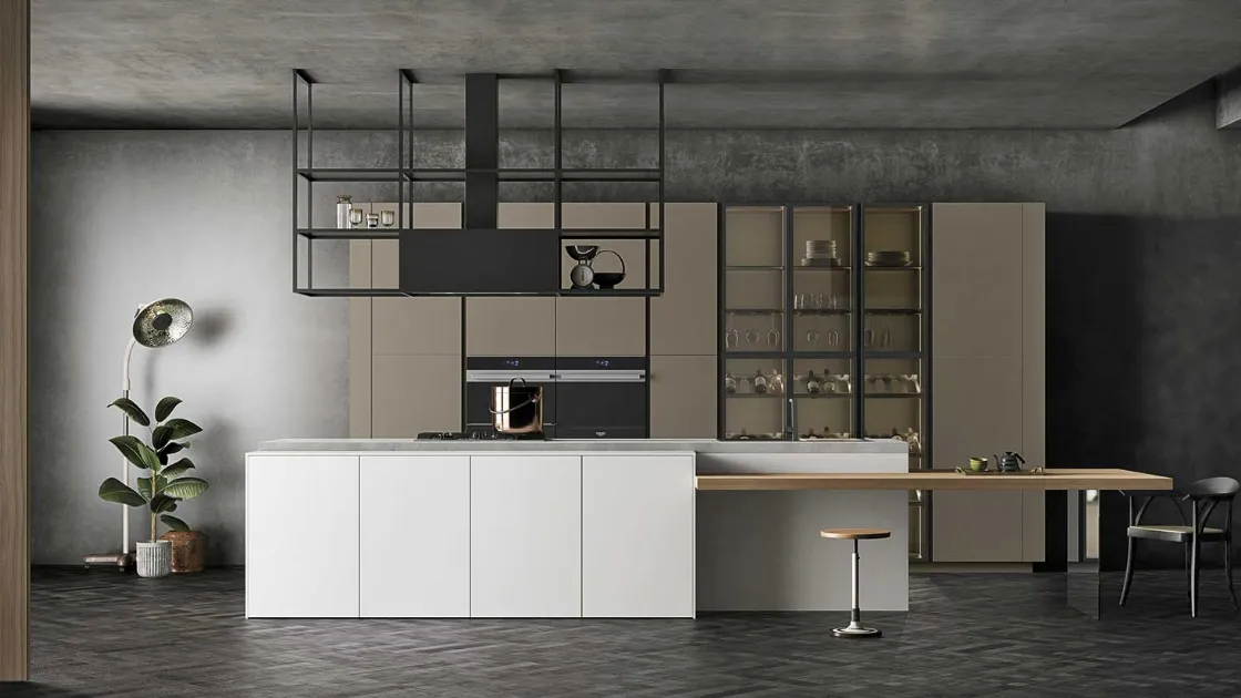 Cucina Moderna lineare in melaminico Bianco Artico e laccato opaco Camoscio con piano snack in melaminico Noce Orzo di Doimo Cucine