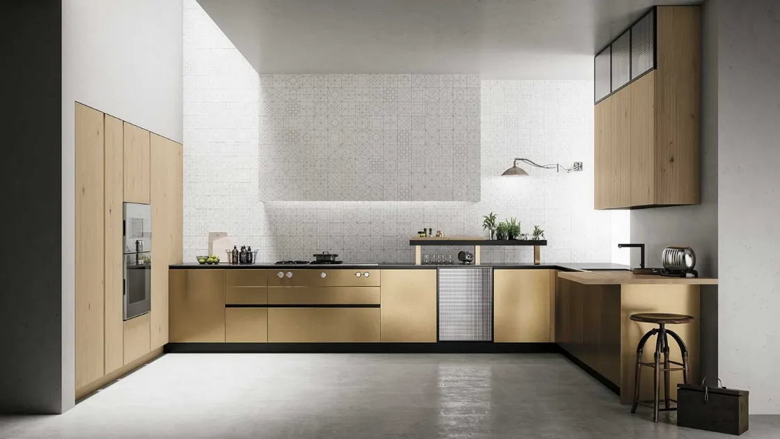 Cucina Moderna angolare in rovere Scalfito Naturale e laccato effetto ottone graffiato a mano D23 008 di Doimo Cucine