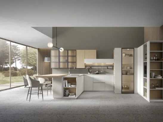 Cucina Moderna angolare con penisola in rovere naturale e finitura bianca Eclettica 02 di Scandola